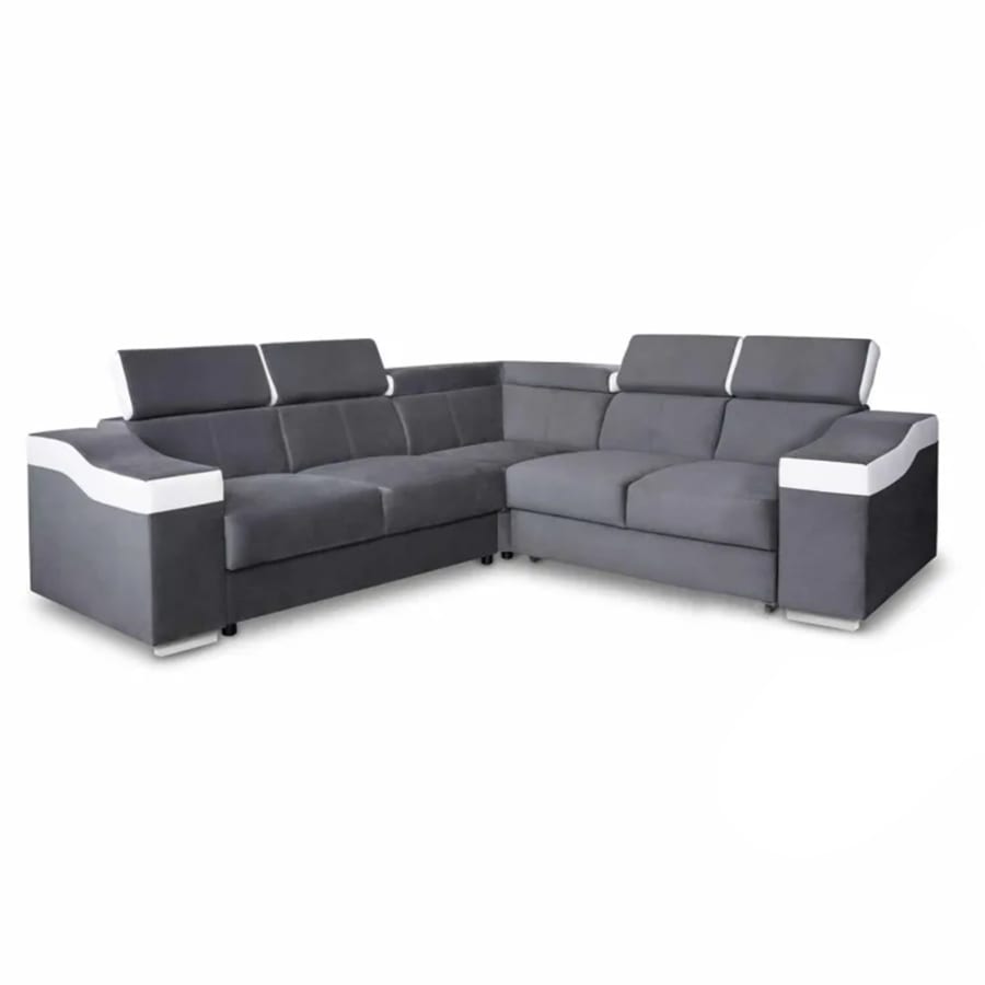 Canap&eacute; d&rsquo;angle convertible r&eacute;versible en velours gris et simili cuir blanc